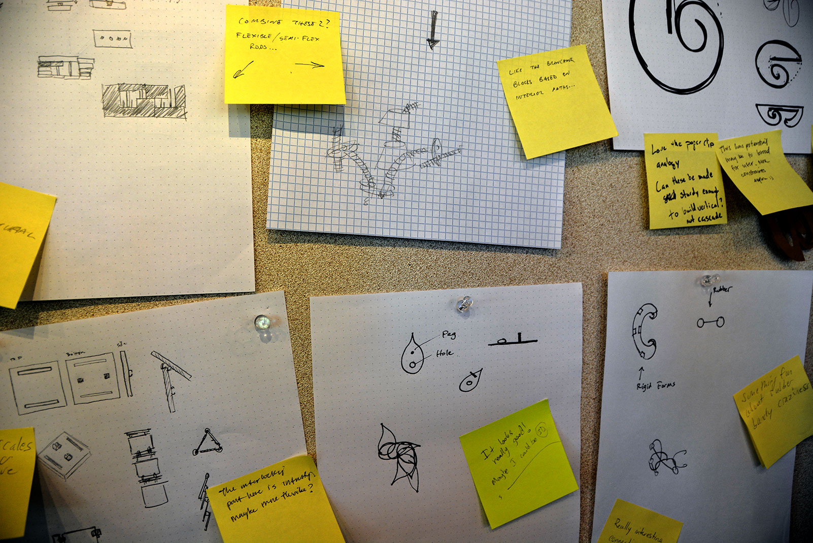 drawings pinned up to a wall
